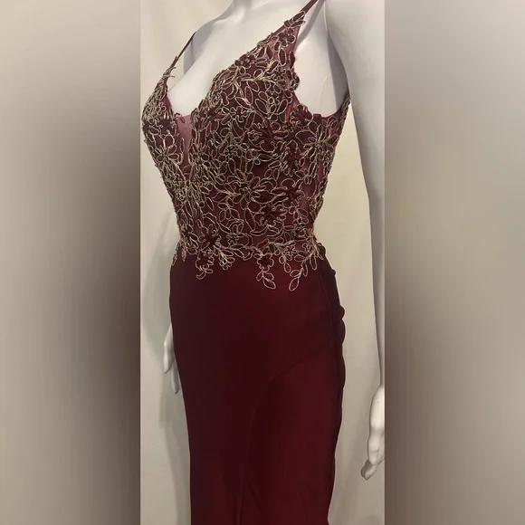 Let’s Sz XS Elegant Burgundy Dress Gold Embroidery Whimsigoth Romantic Dark Goth - Picture 5 of 14